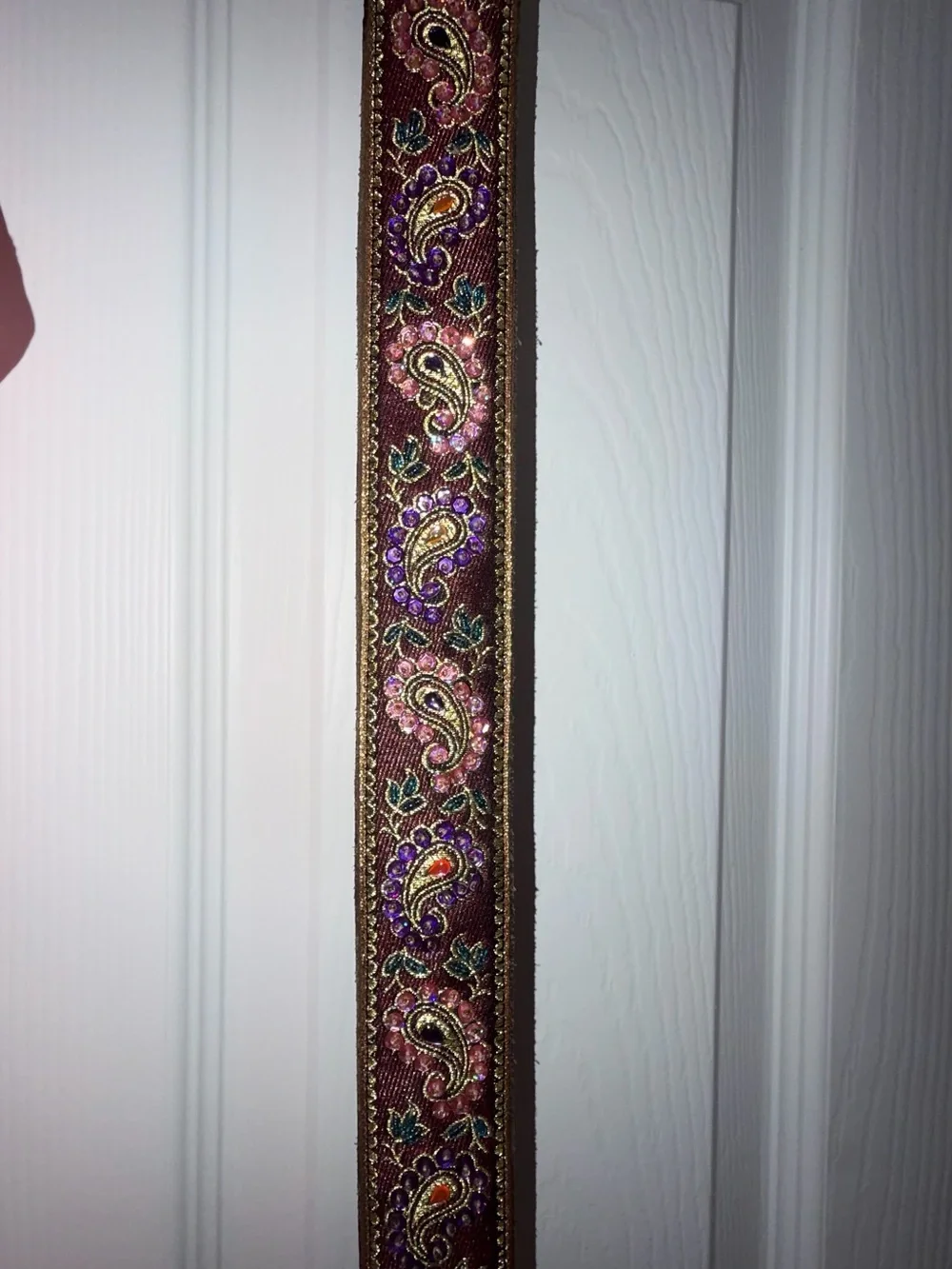 Handcrafted Brown Leather Belt with Purple Paisley Embroidery